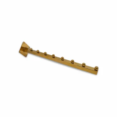 Gold 8 Ball Straight Arm Wall Mounted – polished gold steel retail display arm with eight stopper balls for secure garment hanging.