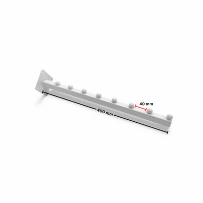 White 8 Ball Straight Arm Wall Mounted – modern white steel retail display arm with eight stopper balls for hanging garments and accessories.