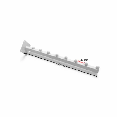 White 8 Ball Straight Arm Wall Mounted – modern white steel retail display arm with eight stopper balls for hanging garments and accessories.