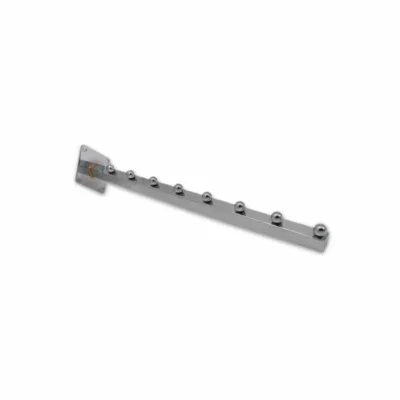 Chrome 8 Ball Straight Arm Wall Mounted – polished chrome retail display arm with eight ball stoppers for hanging garments and accessories.