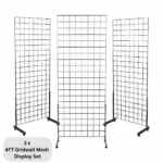 3 x Chrome 4ft Gridwall Mesh One Way Stands designed for wall-mounted retail displays.