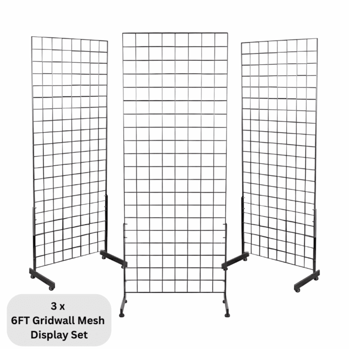 3 x chrome 6ft gridwall mesh one way stands for retail wall displays