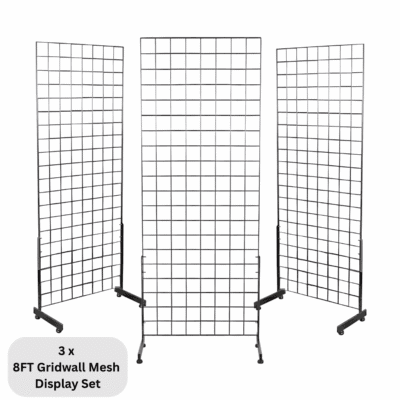 3 x chrome 8ft gridwall mesh one way stands for retail merchandising.