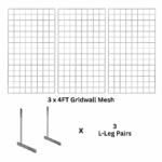 3 x chrome 4ft gridwall mesh one-way stands designed for wall-mounted retail displays.