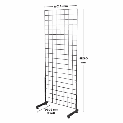 3 x chrome 4ft gridwall mesh one-way stands designed for wall-mounted retail displays.
