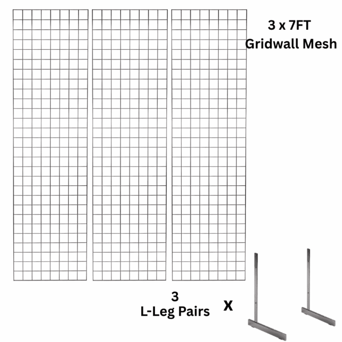 3 x chrome 7ft gridwall mesh one way stands for retail wall displays