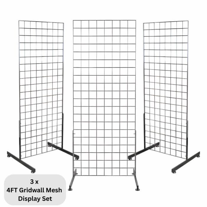 3 x Chrome 4ft Gridwall Mesh Two Way Stands