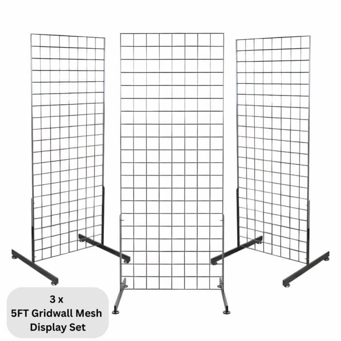 3 x chrome 5ft gridwall mesh two way stands for freestanding retail displays.