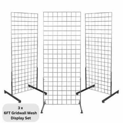 3 x chrome 6ft gridwall mesh two way stands for freestanding double-sided retail displays.