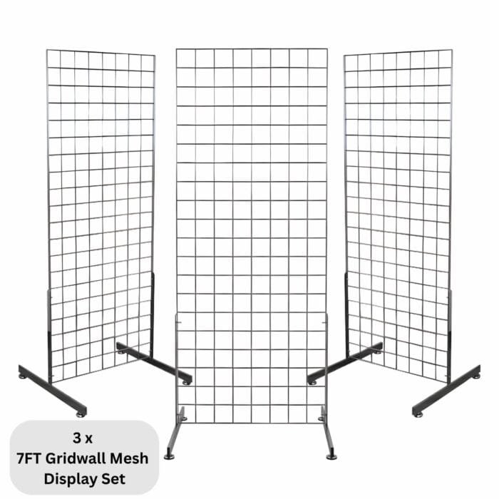 3 x chrome 7ft gridwall mesh two way stands for tall freestanding double-sided retail displays.