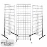 3 x chrome 8ft gridwall mesh two way stands for extra-tall double-sided retail displays.