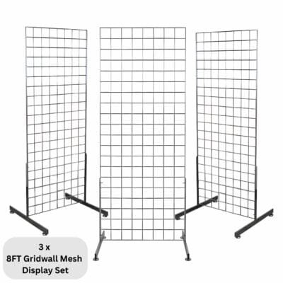 3 x chrome 8ft gridwall mesh two way stands for extra-tall double-sided retail displays.