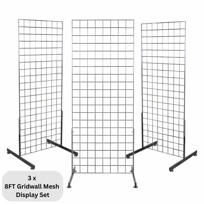3 x chrome 8ft gridwall mesh two way stands for extra-tall double-sided retail displays.