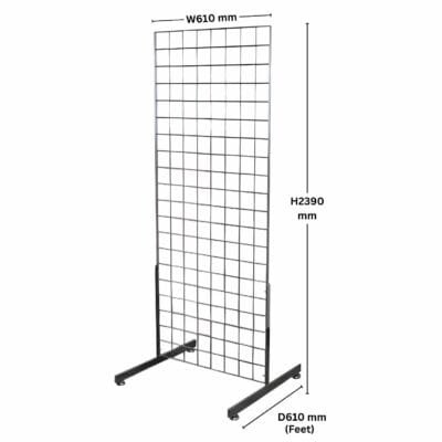 3 x chrome 8ft gridwall mesh two way stands for extra-tall double-sided retail displays.