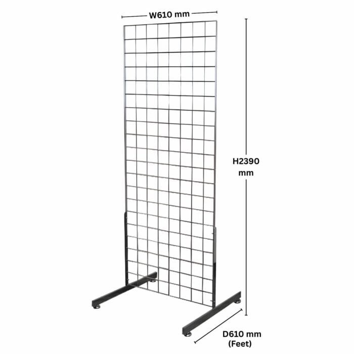 3 x chrome 8ft gridwall mesh two way stands for extra-tall double-sided retail displays.