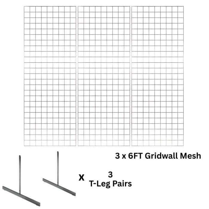 3 x chrome 6ft gridwall mesh two way stands for freestanding double-sided retail displays.