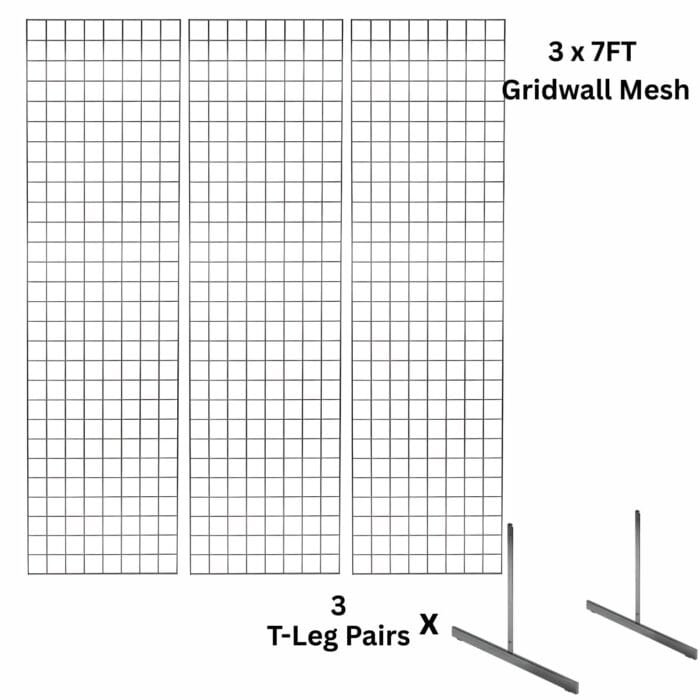 3 x chrome 7ft gridwall mesh two way stands for tall freestanding double-sided retail displays.