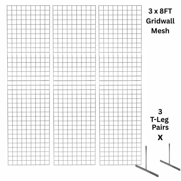 3 x chrome 8ft gridwall mesh two way stands for extra-tall double-sided retail displays.