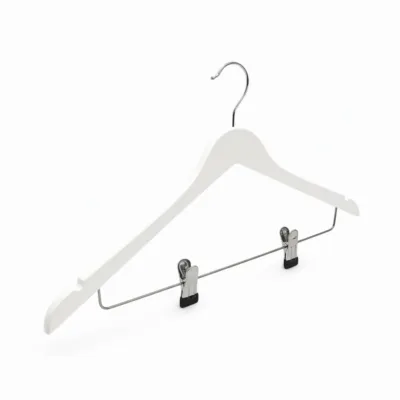 White Wooden Coat Hangers with Clips and Shoulder Notches – 44.5 cm