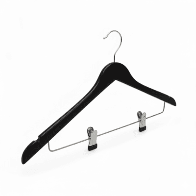 Black Wooden Coat Hanger with Clips & Notches-44.5cm