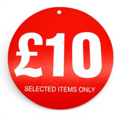 £10 Round Hanger Tickets 100mm Red Sale Tags “Selected Items Only” (Pack of 100)
