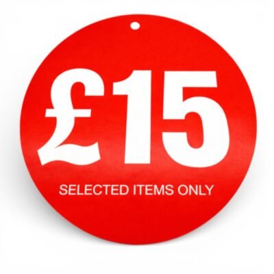 £15 round hanger tickets 100mm red sale tags “selected items only” (pack of 100)-1