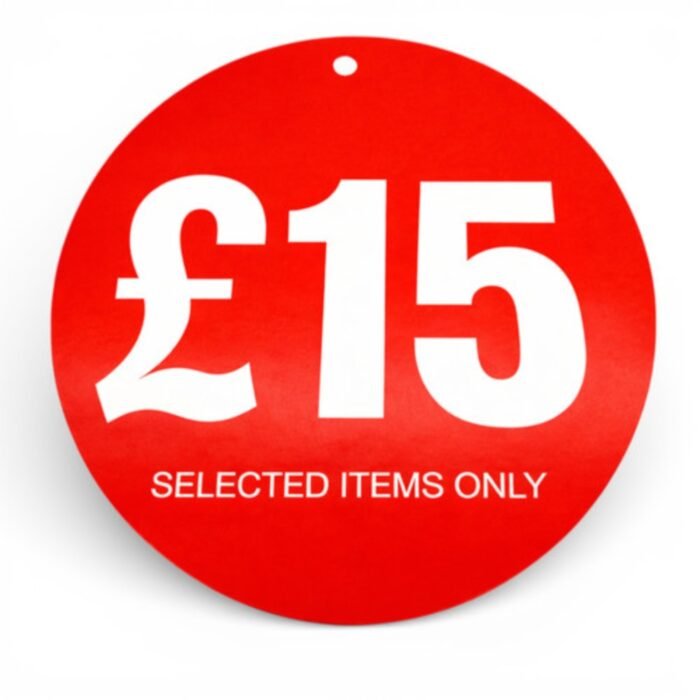£15 round hanger tickets 100mm red sale tags “selected items only” (pack of 100)-1