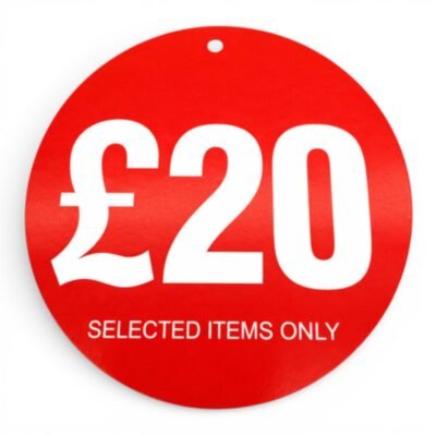 £20 Round Hanger Tickets 100mm Red Sale Tags “Selected Items Only” (Pack of 100)-1