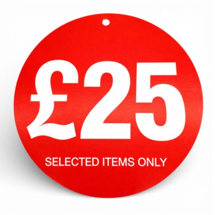 £25 round hanger tickets 100mm red sale tags “selected items only” (pack of 100)-1