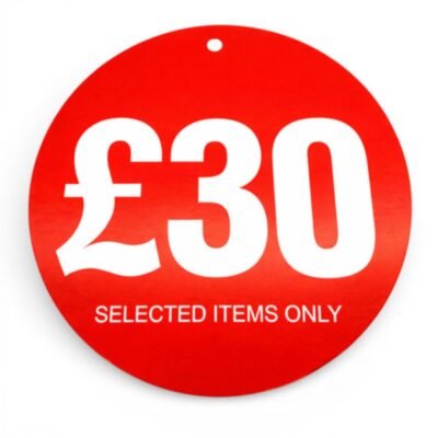 £30 round hanger tickets 100mm red sale tags “selected items only” (pack of 100)-1