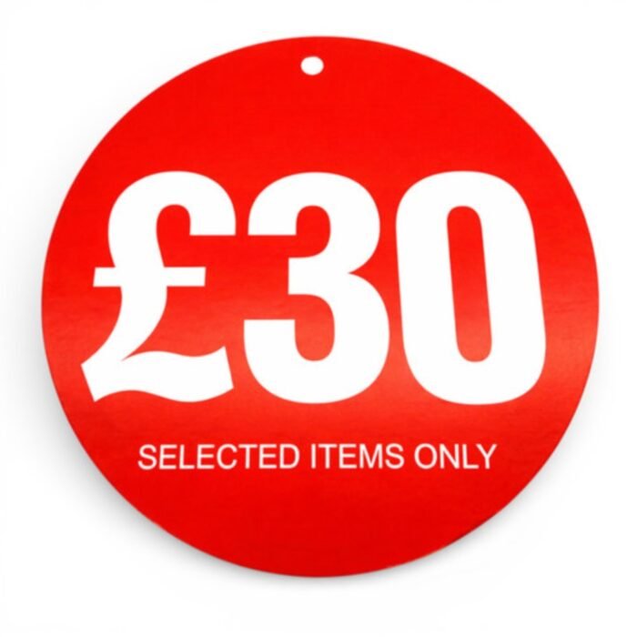 £30 round hanger tickets 100mm red sale tags “selected items only” (pack of 100)-1
