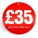 £35 round hanger tickets 100mm red sale tags “selected items only” (pack of 100)-1