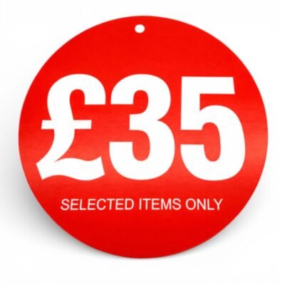£35 round hanger tickets 100mm red sale tags “selected items only” (pack of 100)-1