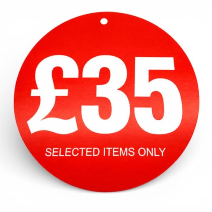 £35 round hanger tickets 100mm red sale tags “selected items only” (pack of 100)-1