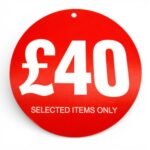 £40 round hanger tickets 100mm red sale tags “selected items only” (pack of 100)-1