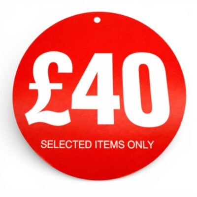 £40 round hanger tickets 100mm red sale tags “selected items only” (pack of 100)-1