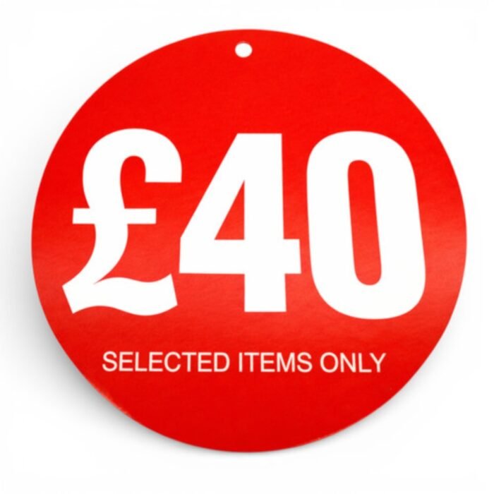 £40 round hanger tickets 100mm red sale tags “selected items only” (pack of 100)-1