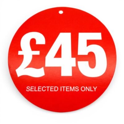 £45 round hanger tickets 100mm red sale tags “selected items only” (pack of 100)-1