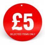 £5 Round Hanger Tickets 100mm Red Sale Tags “Selected Items Only” (Pack of 100)-1