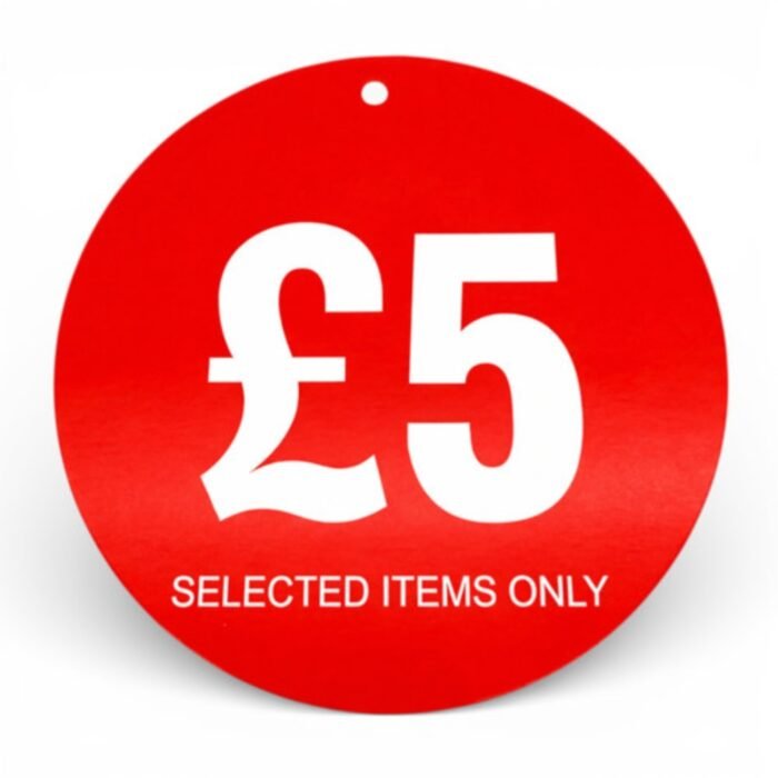 £5 Round Hanger Tickets 100mm Red Sale Tags “Selected Items Only” (Pack of 100)-1