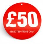 £50 round hanger tickets 100mm red sale tags “selected items only” (pack of 100)-1