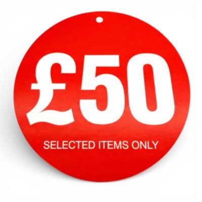 £50 round hanger tickets 100mm red sale tags “selected items only” (pack of 100)-1