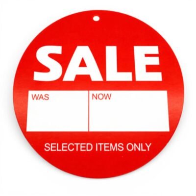 sale was now round hanger tickets 100mm red sale tags (pack of 100)-1