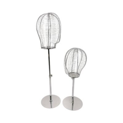 Product Type: Mannequin Head Stand / Display Rack Material: Metal Colour: Chrome Head Design: Wireframe mannequin head Head Circumference Options: Small 53 cm / Large 55 cm (approx.) Bottom Diameter: Approx. 18 cm Height Adjustment: Approx. 46–60 cm Function: Display, storage and drying Stability: Heavy-duty base construction Assembly: Simple assembly (screw included) Suitable For: Hats, caps, wigs and headwear