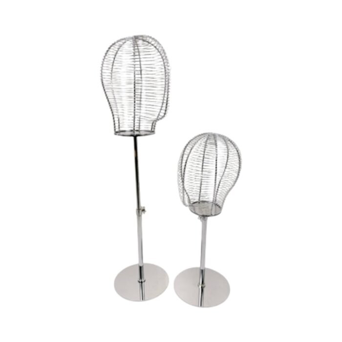Product Type: Mannequin Head Stand / Display Rack Material: Metal Colour: Chrome Head Design: Wireframe mannequin head Head Circumference Options: Small 53 cm / Large 55 cm (approx.) Bottom Diameter: Approx. 18 cm Height Adjustment: Approx. 46–60 cm Function: Display, storage and drying Stability: Heavy-duty base construction Assembly: Simple assembly (screw included) Suitable For: Hats, caps, wigs and headwear
