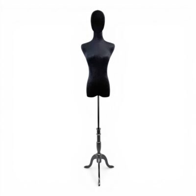 Premium Black Velvet Female Torso Mannequin with Adjustable Height Wooden Stand