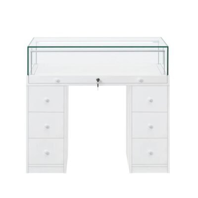 White Glass Counter Display Case with Drawers
