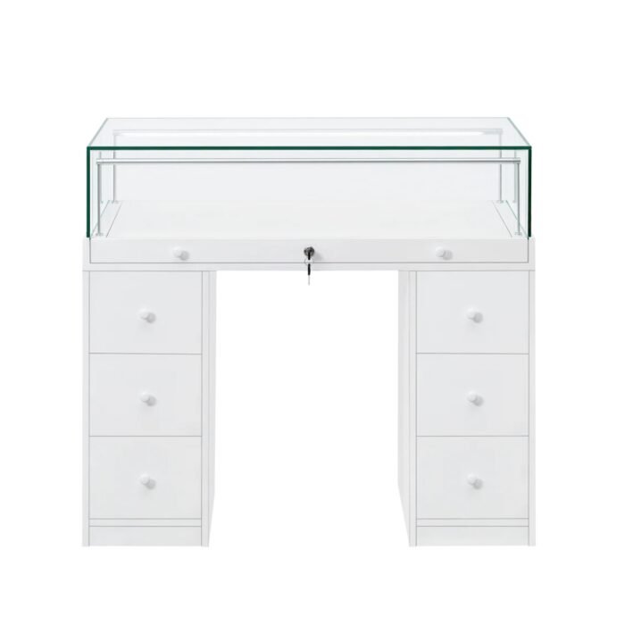 White Glass Counter Display Case with Drawers