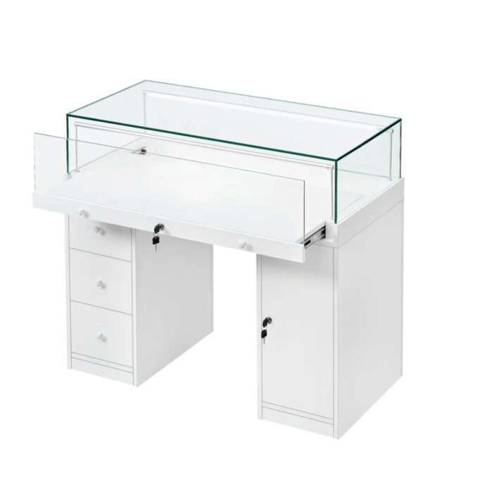 White Glass Counter Display Case with Storage