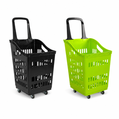 68L Plastic Shopping Trolley Basket in Lime Green and Black – Heavy-Duty 4 Wheel Retail Basket